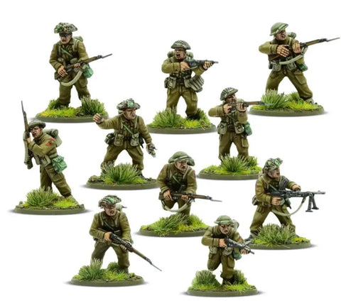 British and Canadian Army infantry 28mm plastic miniatures for Bolt Action war game 1943 to 1945, 10 battle-ready figures.