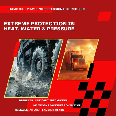 Lucas Oil promotion showcasing extreme protection for vehicles in heat, water, and pressure environments.