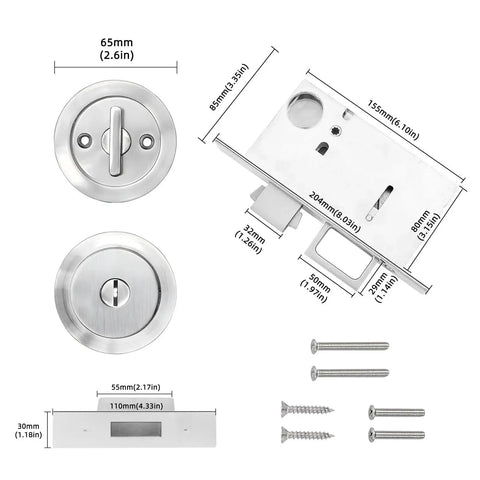 Pocket Door Hardware With Pull Recessed Door Handle Lock For Furniture Invisible Sliding Door Lock Handle Silver Zinc Alloy Construction Anti Rust Corrosion Resistant Durable With Smooth Edges And Mute Operation Provides Secure Fit shown in detailed components layout with dimensions.