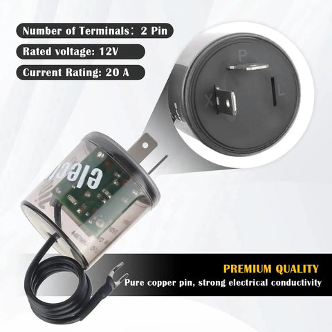 Close-up of 2 Pin LED Flasher Relay With Ground Wire For 12V Cars Trucks And SUVs No Brainer Fix showing terminals and ABS housing.