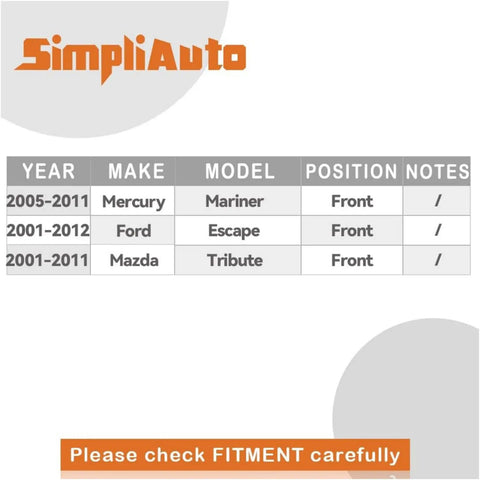 Fitment guide for Two Pack 510072 Front Wheel Bearing Assembly for Ford Escape, Mazda Tribute, Mercury Mariner models.