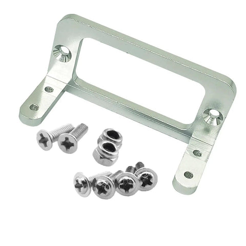 Front view of silver aluminum RC servo mount bracket with M3 screws and nuts