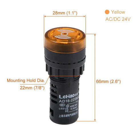 Five Pack Yellow Indicator Light With Buzzer AC And DC 24V, 22mm Panel Mount Flashing Alarm showing measurements and details.