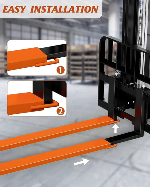 96 Inch Pallet Forklift Extensions Heavy Duty 4600 Lb Capacity 4.5 In Width Pair shown in installation process