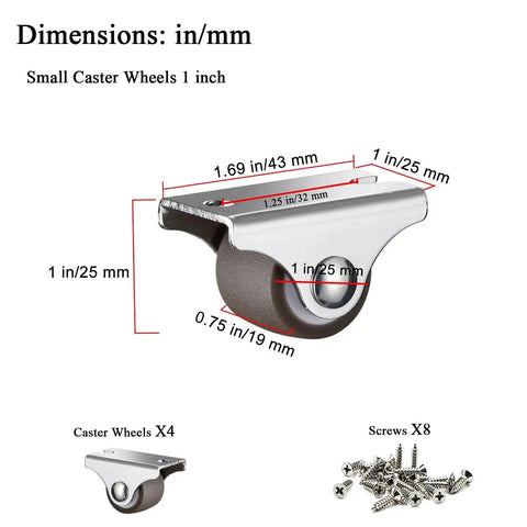 1 Inch Mini Fixed Caster Wheels Set Of 4 With Steel Top Plate Low Profile Silent TPE Rubber Caster Wheels With Screws