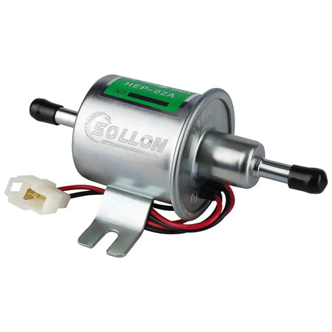 12V Inline Fuel Pump Universal Low Pressure 3-6 PSI, 30 GPH, 8mm hose, copper clad aluminum, shown from side with wiring
