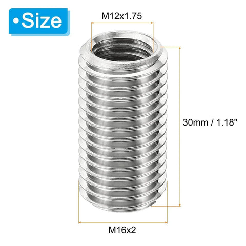 Front view of a stainless steel thread adapter sleeve M16x2 male to M12x1.75 female, 30mm long