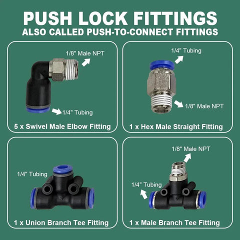 Vacuum PU Tubing And Push Lock Fittings Kit One Eighth NPT To One Quarter Inch Tubing for Turbo Cars push-lock fittings guide