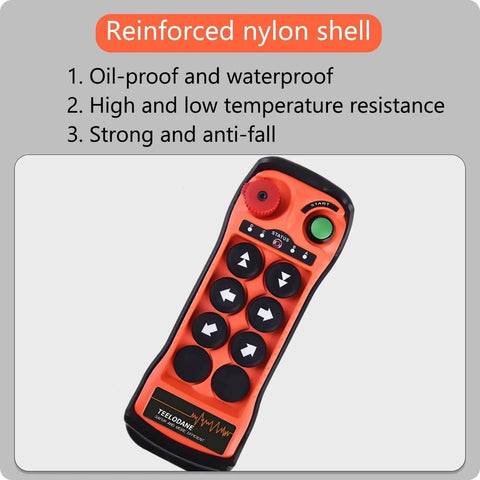 Industrial Wireless Crane Remote Control Kit with Six Buttons and Emergency Stop, showing rugged nylon shell design, waterproof qualities.