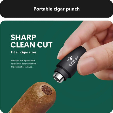 Portable cigar punch tool in use, showing sharp clean cut for all cigar sizes. Part of Three Pack Cigar Cutter Set With Guillotine, V Cut, And Punch In One Gift Box For Men, Stainless Steel Tools, Portable Sharp Clean Cut That Fits All Cigars, Premium Cigar Accessories You Can Count On.