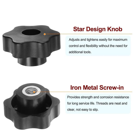 4 Pcs M10 Female Thread Star Knobs With 48mm Head Through Hole Black, showing side and bottom views with iron insert