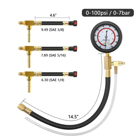 Fuel Pressure Test Kit 0 To 100 PSI With SAE Adapters For Universal Engines with gauge and adapters visible