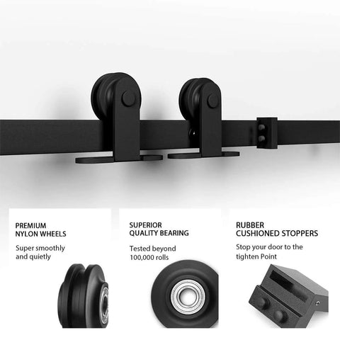 Close-up of 5 Foot Top Mount Sliding Barn Door Hardware Kit With Pull Handle And Floor Guide Fits 30 Inch Wide Door Panel T Shape Hanger DIY Friendly Easy To Install Premium Quality showing wheels and stoppers.