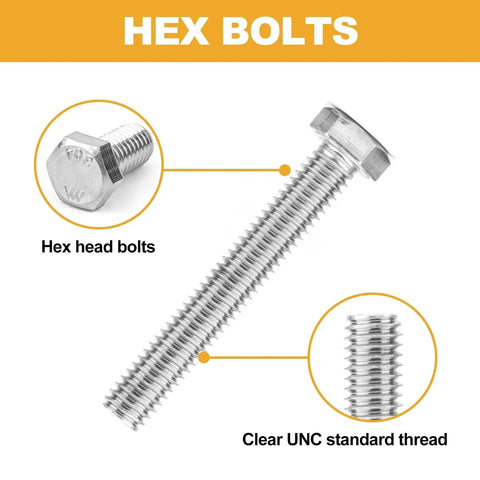 Heavy Duty 304 Stainless Steel Hex Bolts Kit With 405 Pieces Includes 1/4-20 3/8-16 5/16-18 Bolts In 3 Inch Long Options shown with hex head and thread detail