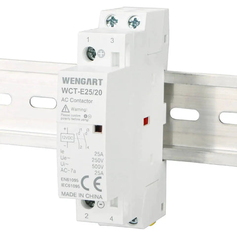 Side view of a 12V DC Coil Contactor 25 Amp 2 Pole Normally Open Noise Free Switch for RV, Solar and Smart Systems, 35mm DIN Rail Mount.