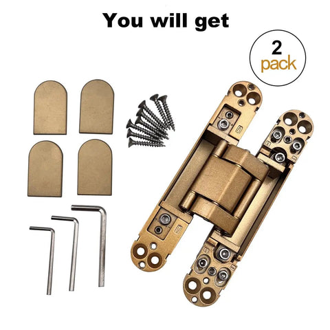 Hidden 6 Inch 3 Way Adjustable Concealed Door Hinges Set Of 2 In Zinc Alloy With 180 Degree Swing For Invisible Doors And Feature Walls Gold Finish No Visible Pins For Sleek Modern Interiors components and tools included in the package.