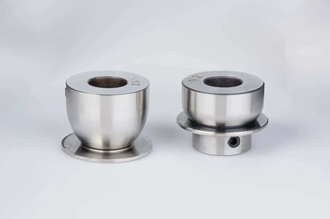 Close-up of Bead Roller Pro Grade Radius Die Set for Metalworking, two round over dies in Cr12 steel, displaying different sizes.