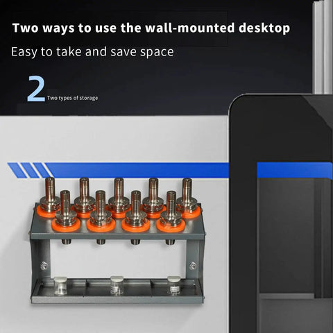 Wall Mounted CNC Tool Holder Rack Double Layer for BT30 BT40 HSK50 HSK63 Tool Holders with tools installed, side view.