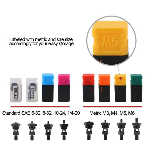 Labeled metric and SAE mandrels from All In One 8 Inch Rivet Nut Kit With 8 Mandrels M3 M4 M5 M6 And 1/4-20 10-24 8-32 6-32