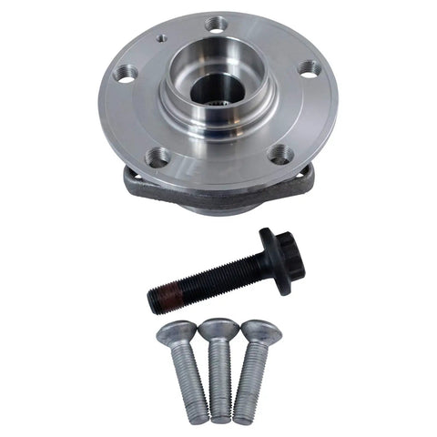Front and Rear Wheel Bearing and Hub Assembly Set for 2015 to 2021 Volkswagen GTI, 2019 to 2021 Jetta S SE R Line SEL Premium, and 2015 to 2017 Audi A3 Sedan with 85mm Front Bearing Diameter, Easy Install 4 Piece Kit, showing metal hub and bolts