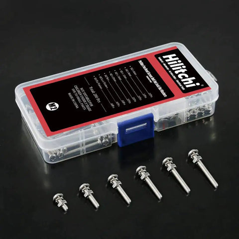 M2 Phillips Pan Head Screws Kit with Nuts, Lock Washers, 304 Stainless Steel in clear storage case on black background