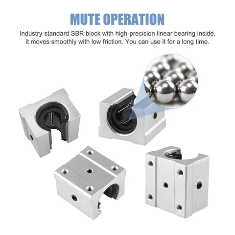 Close-up of SBR16UU bearing blocks for SBR16 1000mm Linear Rail Guide, highlighting precision industrial-grade construction.