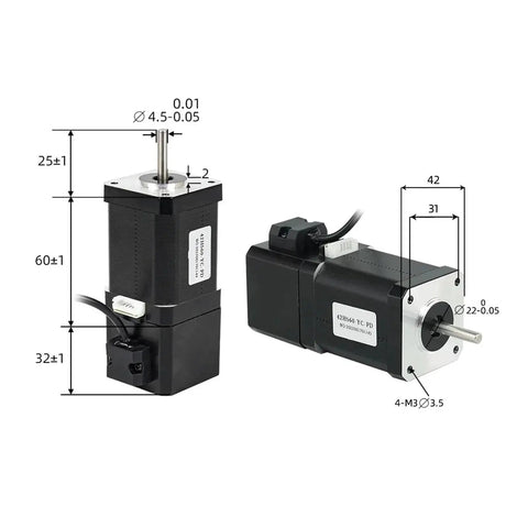 Front and side views of two black two-phase 4-lead NEMA17 brake stepper motors with silver faceplates and 60 mm bodies.