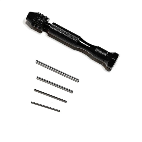 Black Paper Bead Roller With Four Interchangeable Stainless Slotted Tips For Tiny Bead Holes, shown with parts on white background.