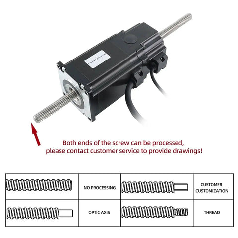 WENBIXIA NEMA23 through-screw motor with permanent magnet brake, side view; black housing and threaded leadscrew