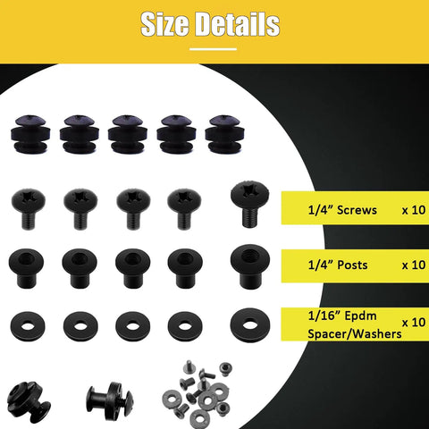 Black One Quarter Inch Chicago Screws Kit For DIY Kydex Belt Holsters Leather Clips Knife Sheaths And Accessories Ten Pieces Includes Truss Heads Open Slotted Fasteners Rubber Washers And Spacers Built Tough From Durable Carbon Steel.