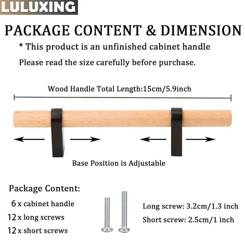 Adjustable Wood Cabinet Hardware Handles Pack Of 6 Unfinished DIY Pulls for cabinets with dimensions and screw sizes shown.