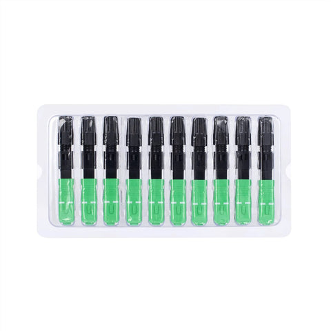 20-pack SC/APC fiber optic fast connectors with green protective caps and black bodies for drop cables