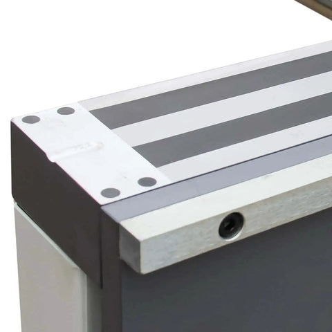 Corner view of Pro Grade 48 Inch Magnetic Box And Pan Sheet Metal Brake featuring magnetic clamp and metallic strips