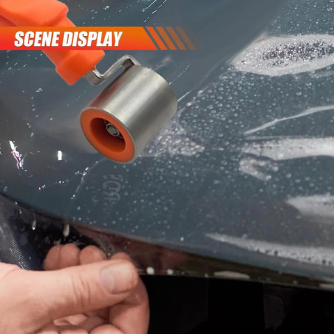 Car audio deadening roller with stainless steel wheel and orange anti-slip handle for smoothing insulation mats