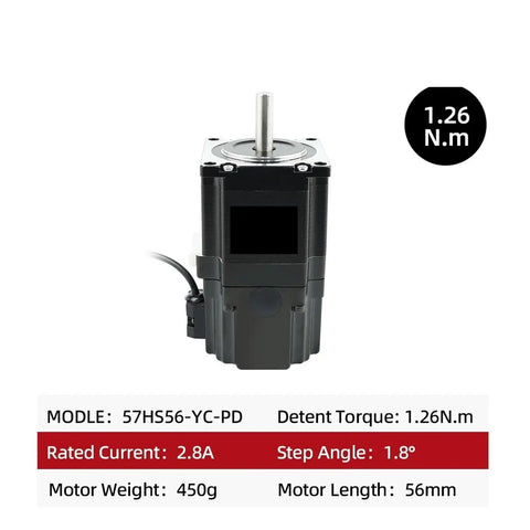 57HS56-YC-PD stepper motor, front view, black housing, 56mm length, 1.26 N·m torque