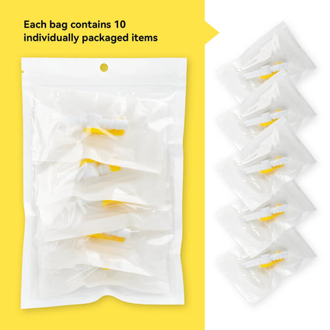 Ximter Comfort Flow catheter valves, sterile 10-pack with white bodies and yellow lever taps in individual pouches