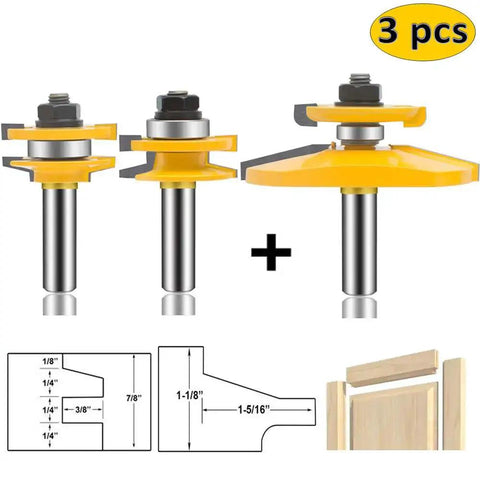 Pro Grade 3 Piece Router Bit Set With Half Inch Shank For Round Over And Raised Panel Cabinet Doors displayed with diagrams
