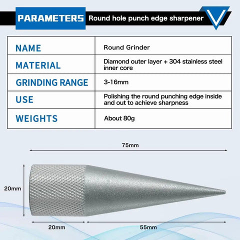 Round Hole Punch Grinder with diamond outer layer and stainless core, 3-16mm range, shown with detailed parameters for leather crafting.