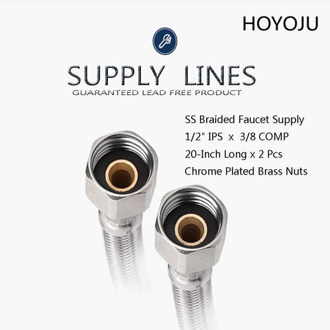 HOYOJU two-pack stainless steel braided faucet supply hoses, 20 inches, 1/2 IPS to 3/8 compression with brass nuts