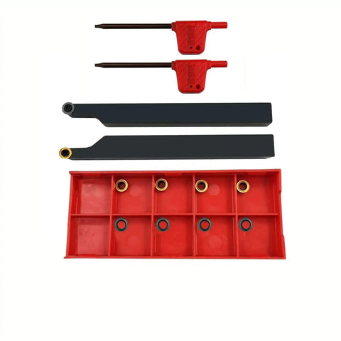 Lathe Turning Tool Holder Set With Three Eighths Inch And One Half Inch Shanks Featuring RCMT0602 Round Carbide Inserts For Steel And Stainless Includes Two Three Eighths Holders And Ten Inserts For Durable 90 Degree Profiling, showing components.