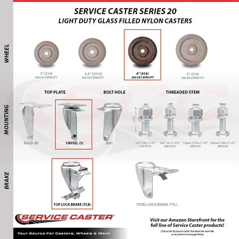 Service Caster Series 20 light duty glass filled nylon casters information chart with various sizes and mounting options.