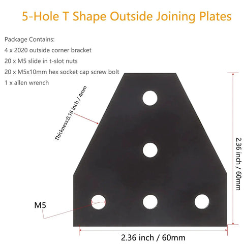 5-hole T shape outside joining plate for 2020 series profiles, 60x60x4mm, for 4 Pack 2020 T Shape Joint Plates For Aluminum Extrusion T Slot Corner Brackets With Five-Hole Design 6mm Slot 90 Degree Connector Black Great For 2020 Series Profiles And DIY CNC Frames.