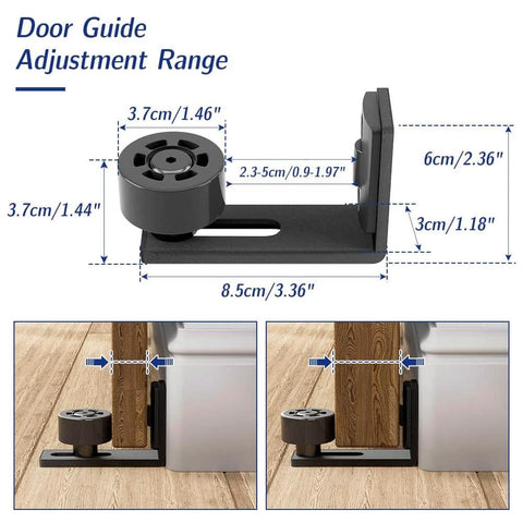 Sliding Barn Door Hardware Kit For 10 Ft Track, Smooth And Quiet Glide, showing floor guide adjustment range with dimensions
