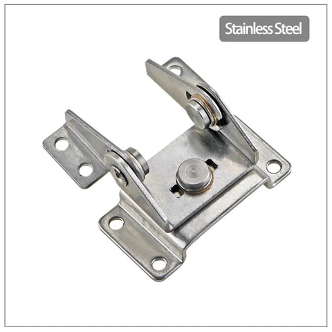 Stainless steel dual-axis hinge with damping; front view of mounting plate with four screw holes.