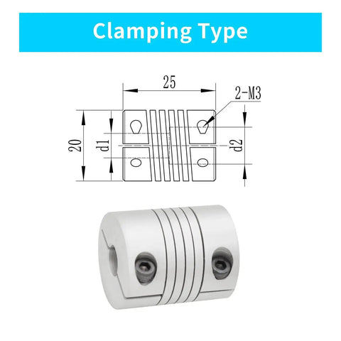 Diagram and photo of Dope Flexible Beam Coupling 6mm To 6.35mm Bore Aluminum Shaft Coupling, 20mm x 25mm for motors