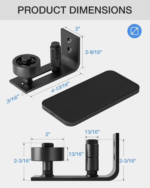 Sliding Barn Door Floor Guide With Eight Setup Options For Bottom And Wall Mounted Applications showing product dimensions