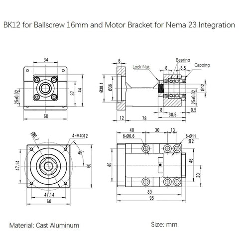 Technical drawing of BK12 ballscrew and motor bracket for Nema 23, SFU1605 Linear Motion CNC Ball Screw Kit With Anti Backlash Nut 750mm