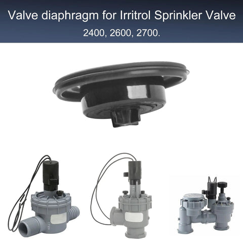 Aulpq replacement valve diaphragm for Irritrol sprinkler valves; black rubber diaphragm and three valve assemblies shown.