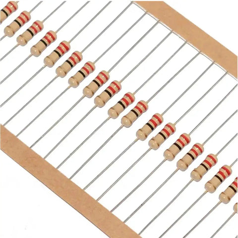 Front view of beige carbon-film axial resistors with color bands arranged on a strip in packaging.