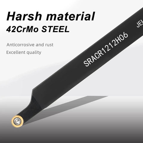 Indexable Lathe Turning Tool Set Half Inch 12 Millimeter With 2 Tool Holders And 10 Round Carbide Inserts Includes 2 Wrenches For Turning Grooving Boring Threading And Cutting On Metal Lathe close-up view showing SRACR1212H06 marking on steel tool holder with carbide insert